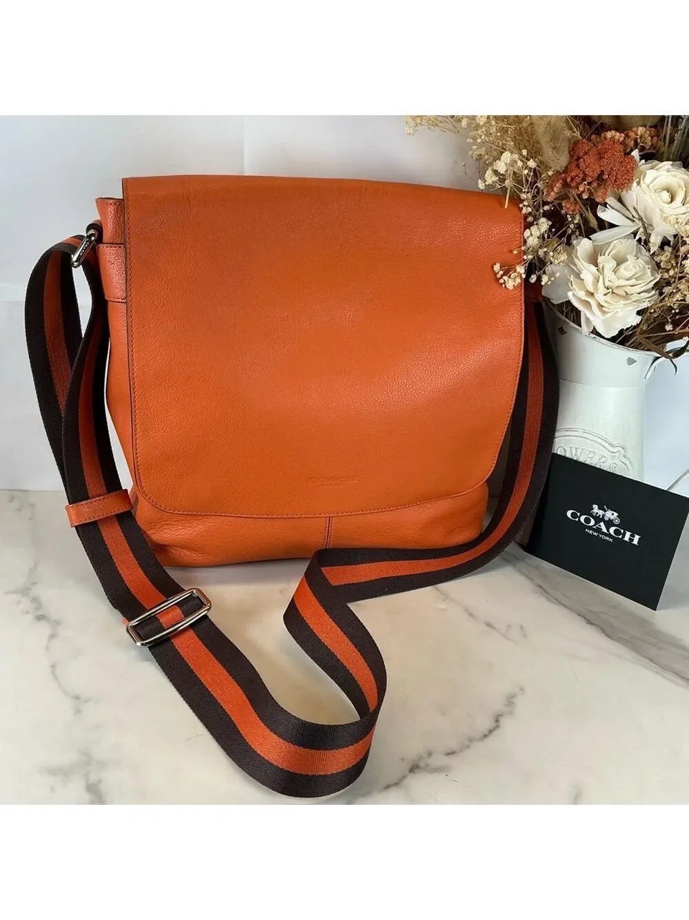 Coach Unisex Charles Messenger‎ Vibrant Orange Brown Leather Crossbody Bag